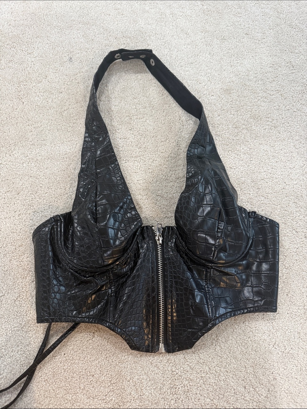 Edikted Black Faux Croc Zip-Front Halter Bustier Top